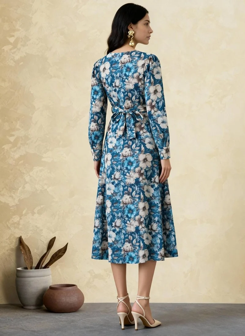 globus Globus Women Blue Cowl Neck Cuffed Sleeves Floral Print Front Slit Midi A-Line Dress With Belt